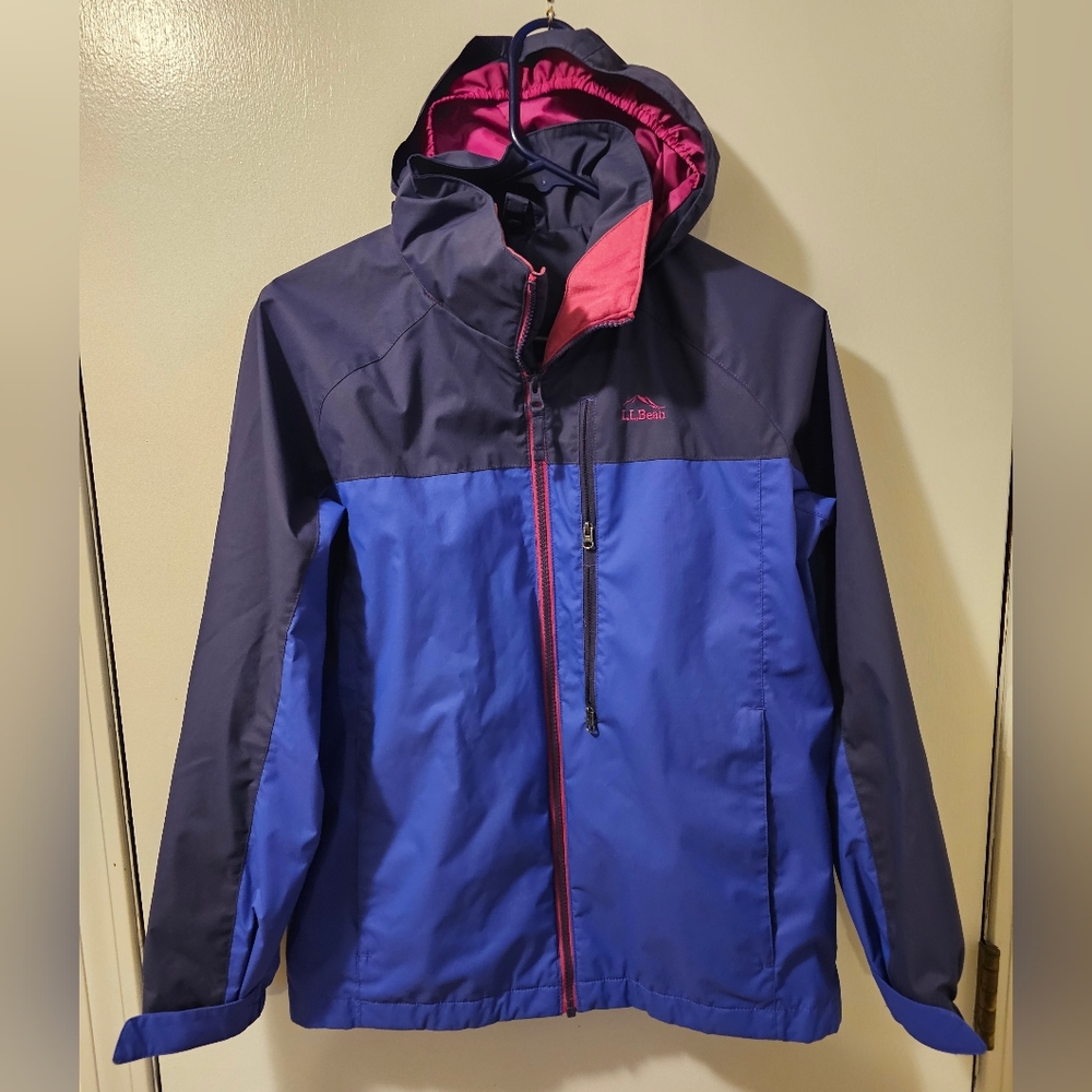 LL Bean Hooded Lined Windbreaker Jacket Blue/Pink Girl's Size L 14-16